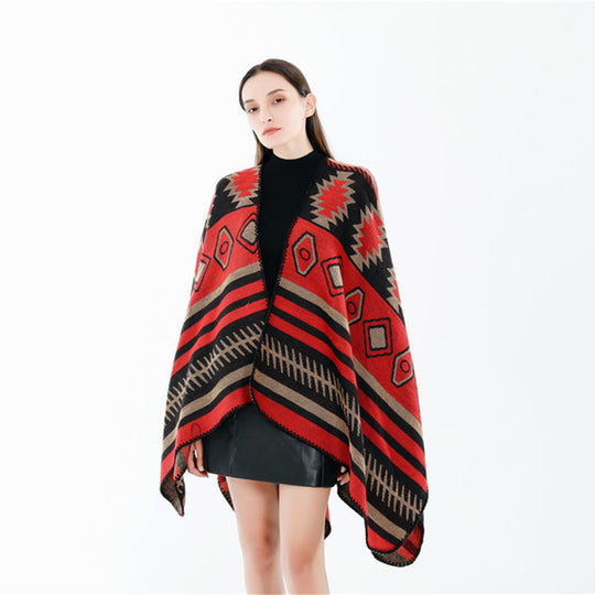 Damen Gewebter Jacquard-Ruana-Poncho mit geometrischem Ethno-Muster Shop Nory