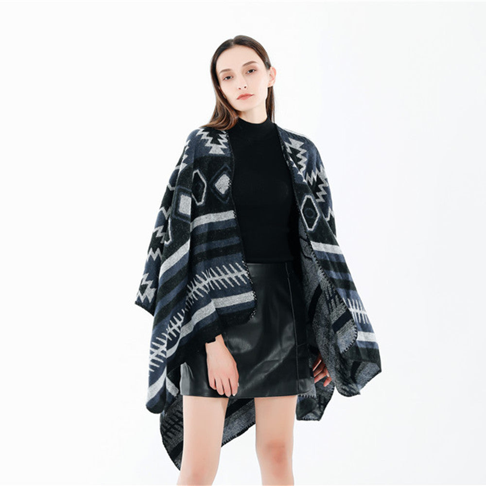 Damen Gewebter Jacquard-Ruana-Poncho mit geometrischem Ethno-Muster Shop Nory