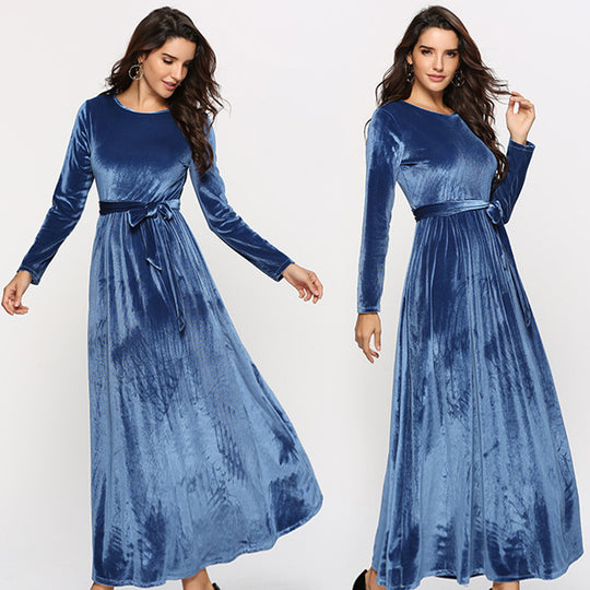 Damen Maxikleid aus Samt mit Taillengürtel und langem A‑Linien‑Rock Shop Nory