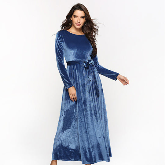 Damen Maxikleid aus Samt mit Taillengürtel und langem A‑Linien‑Rock Shop Nory