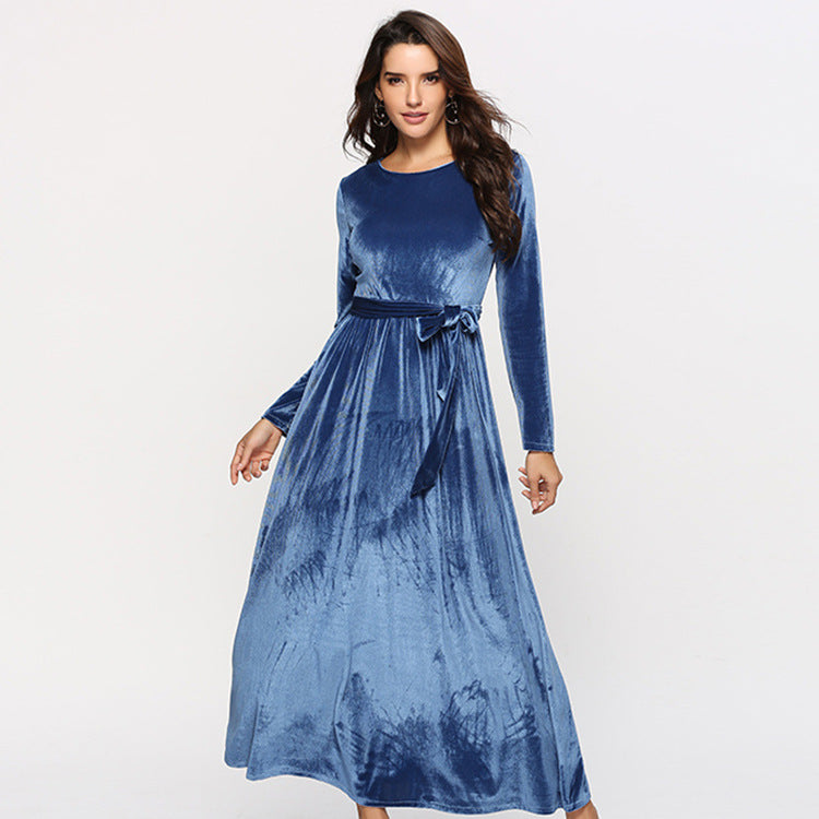 Damen Maxikleid aus Samt mit Taillengürtel und langem A‑Linien‑Rock Shop Nory