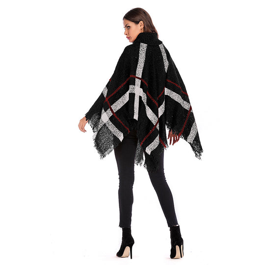 Damen Grobgestricktes Poncho mit Rollkragen, Fransen & Karomuster Shop Nory