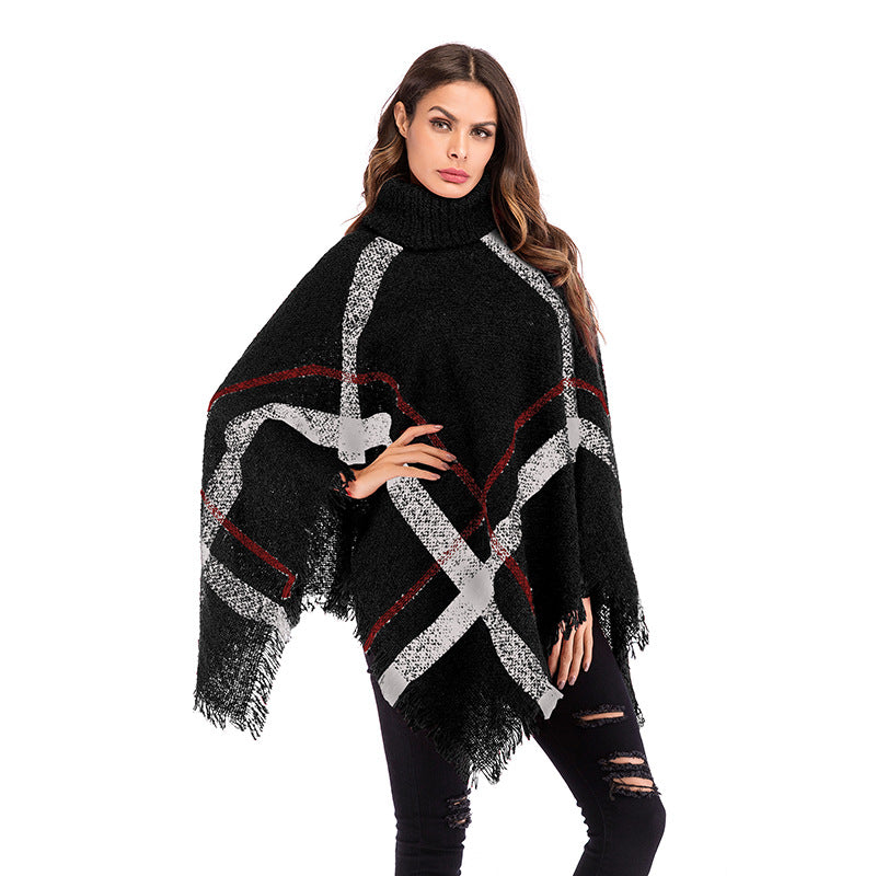 Damen Grobgestricktes Poncho mit Rollkragen, Fransen & Karomuster Shop Nory