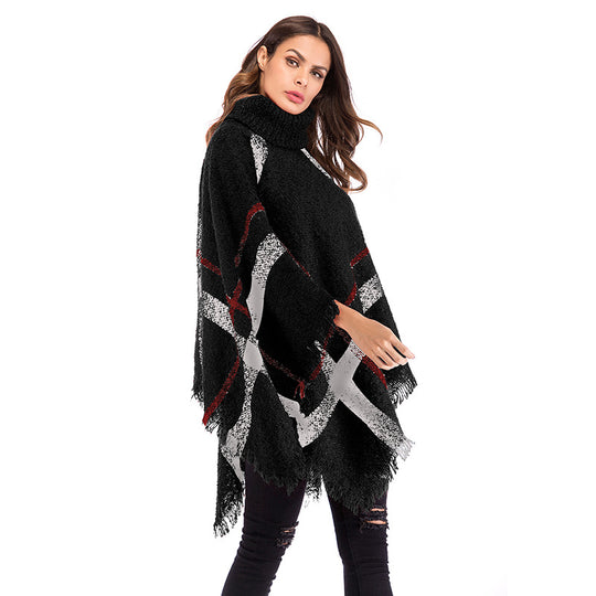 Damen Grobgestricktes Poncho mit Rollkragen, Fransen & Karomuster Shop Nory