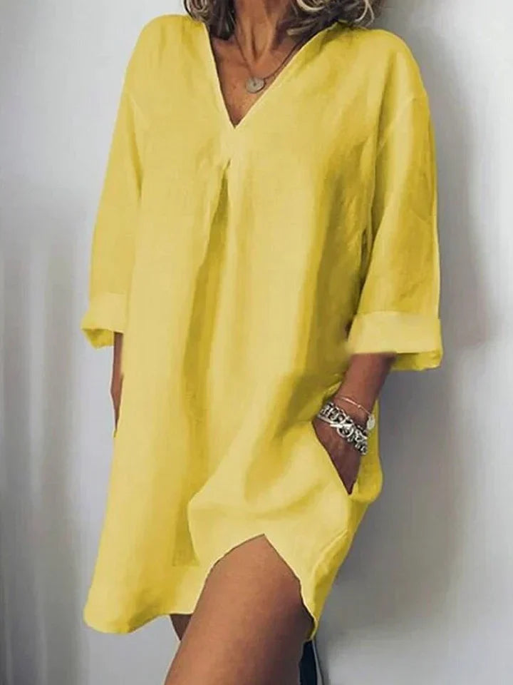 Leinenkleid V-Ausschnitt & Halbärmel