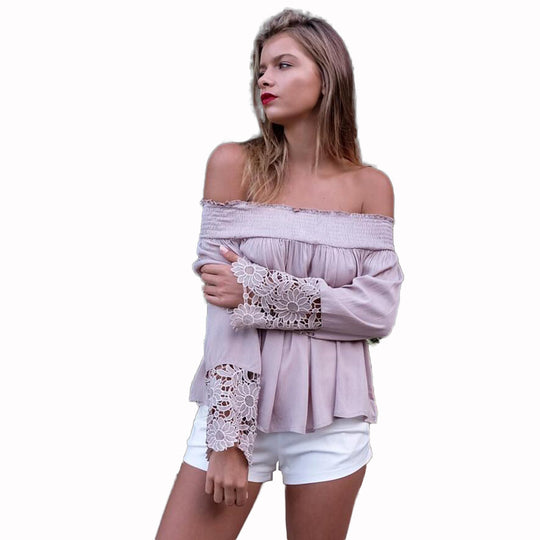 Damen Schulterfreies Boho-Blusentop mit Smokkragen & floralen Spitzen-Bellärmeln Shop Nory