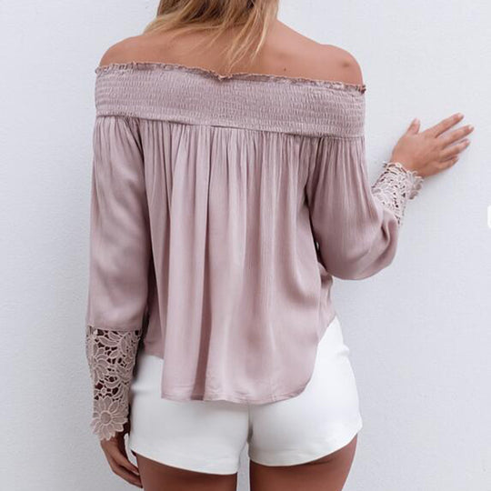 Damen Schulterfreies Boho-Blusentop mit Smokkragen & floralen Spitzen-Bellärmeln Shop Nory