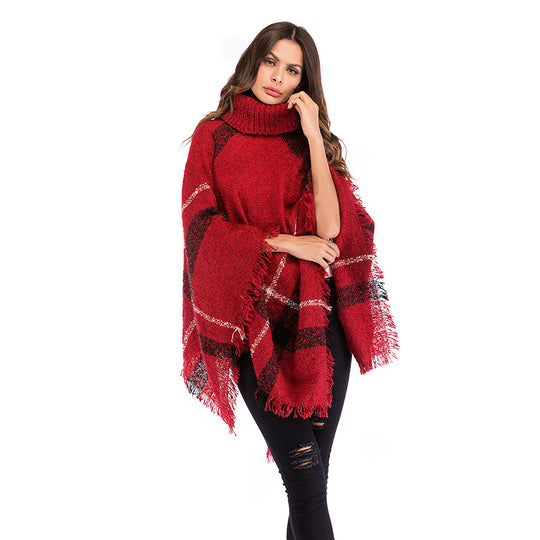 Damen Grobgestricktes Poncho mit Rollkragen, Fransen & Karomuster Shop Nory