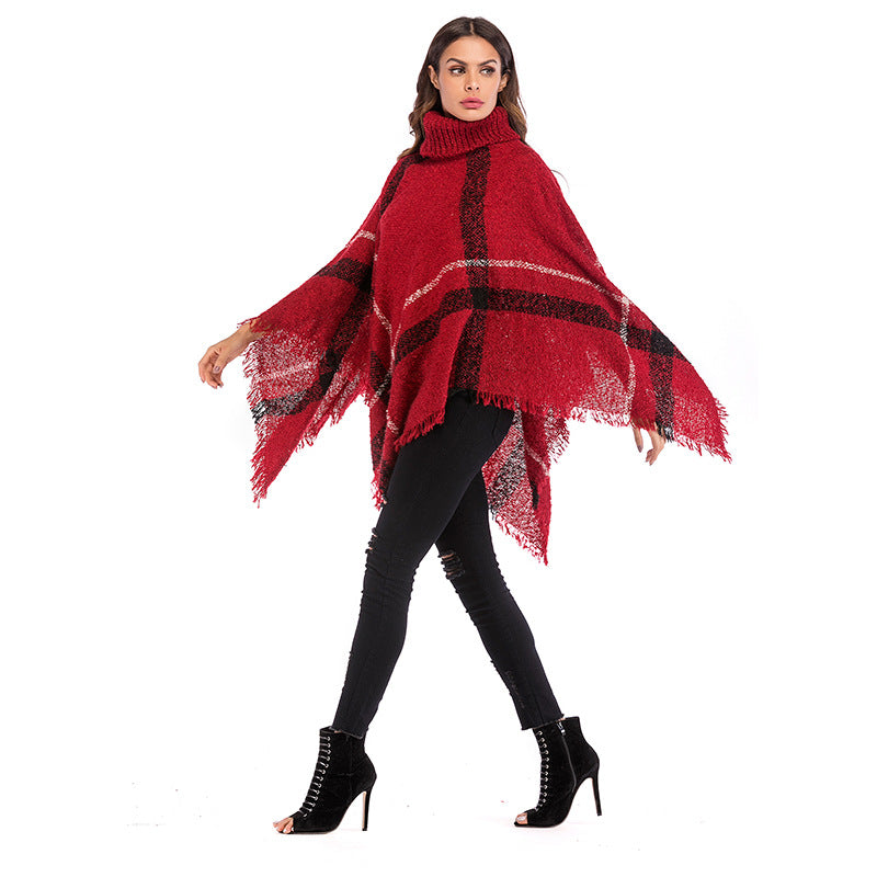 Damen Grobgestricktes Poncho mit Rollkragen, Fransen & Karomuster Shop Nory