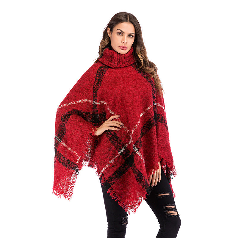 Damen Grobgestricktes Poncho mit Rollkragen, Fransen & Karomuster Shop Nory