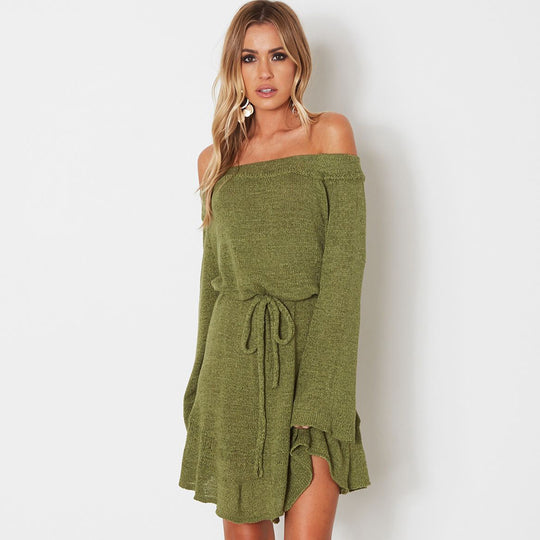 Damen Schulterfreies Strickkleid mit ausgestellten Ärmeln, Taillengürtel & Volant-Saum Shop Nory