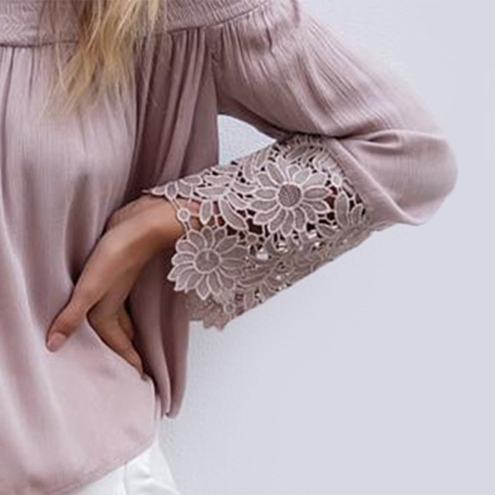 Damen Schulterfreies Boho-Blusentop mit Smokkragen & floralen Spitzen-Bellärmeln Shop Nory