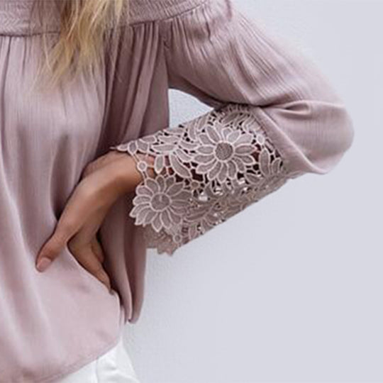 Damen Schulterfreies Boho-Blusentop mit Smokkragen & floralen Spitzen-Bellärmeln Shop Nory