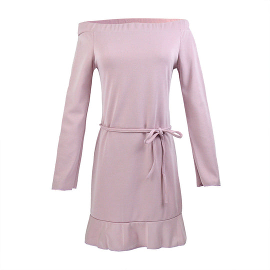 Damen Schulterfreies Strickkleid mit ausgestellten Ärmeln, Taillengürtel & Volant-Saum Shop Nory