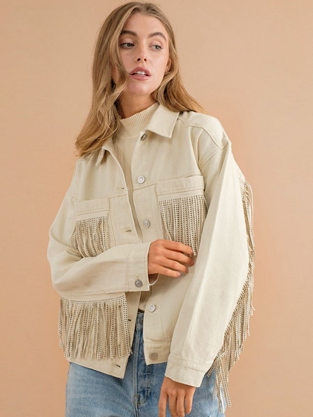 Fransen-Detail Gefallene Schulter Denimjacke