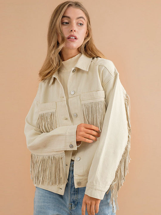 Fransen-Detail Gefallene Schulter Denimjacke
