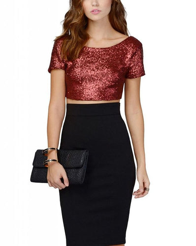 Damen Glamouröses Crop-Top mit Pailletten und leichter A-Linie Rock