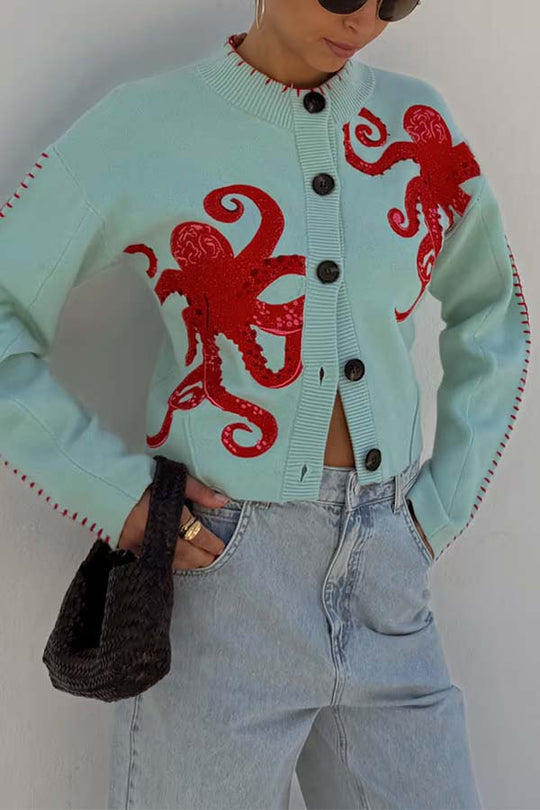 Küstenstrickjacke mit Oktopus-Motiv und Kontrastpaspelierung