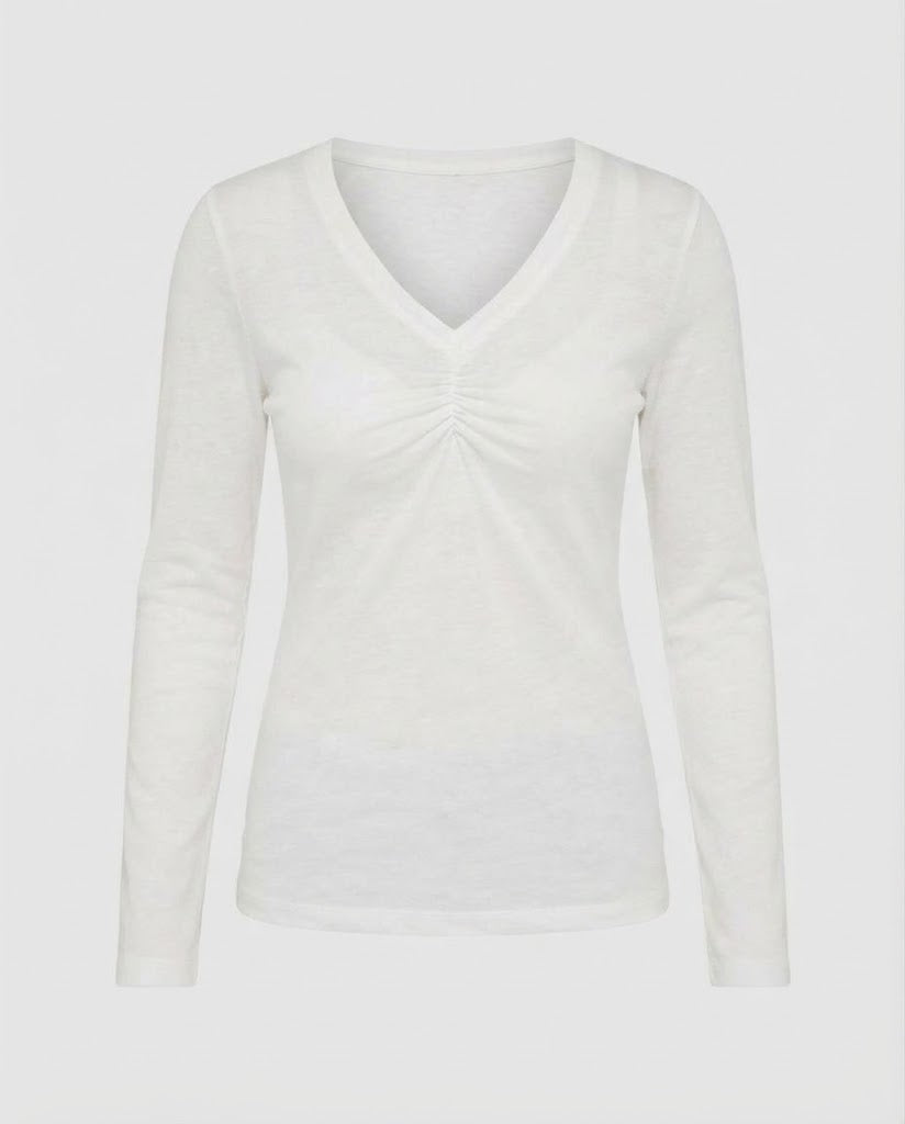 Damen Langärmeliges V-Ausschnitt-Shirt mit Raffung und feiner Jersey-Qualität Shop Nory
