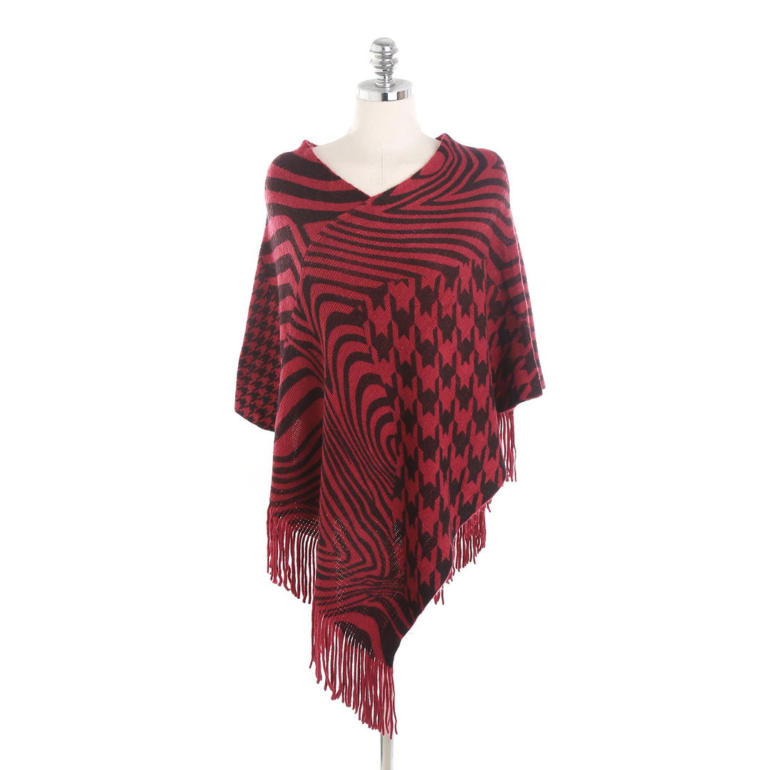Damen Fransen-Poncho im Oversize mit grafischem Jacquard und asymmetrischem Zipfelsaum Shop Nory