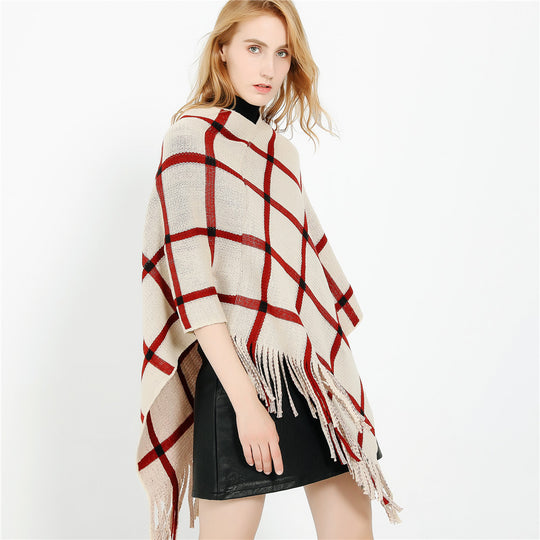 Damen Grobstrick-Poncho mit Karomuster und Fransensaum Shop Nory