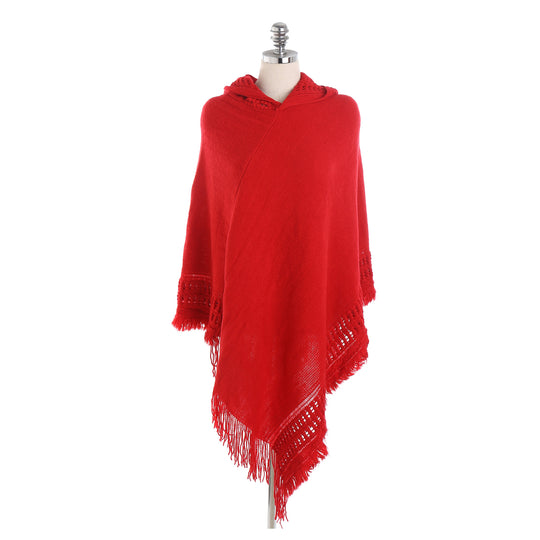 Damen Kapuzen-Poncho mit gehäkelter Bordüre und Fransensaum Shop Nory