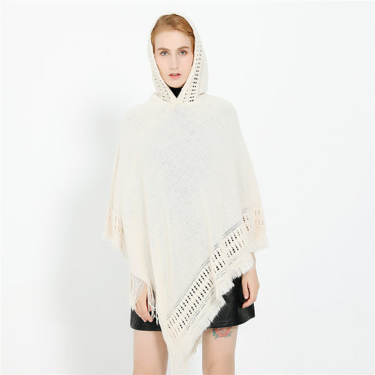 Damen Kapuzen-Poncho mit gehäkelter Bordüre und Fransensaum Shop Nory