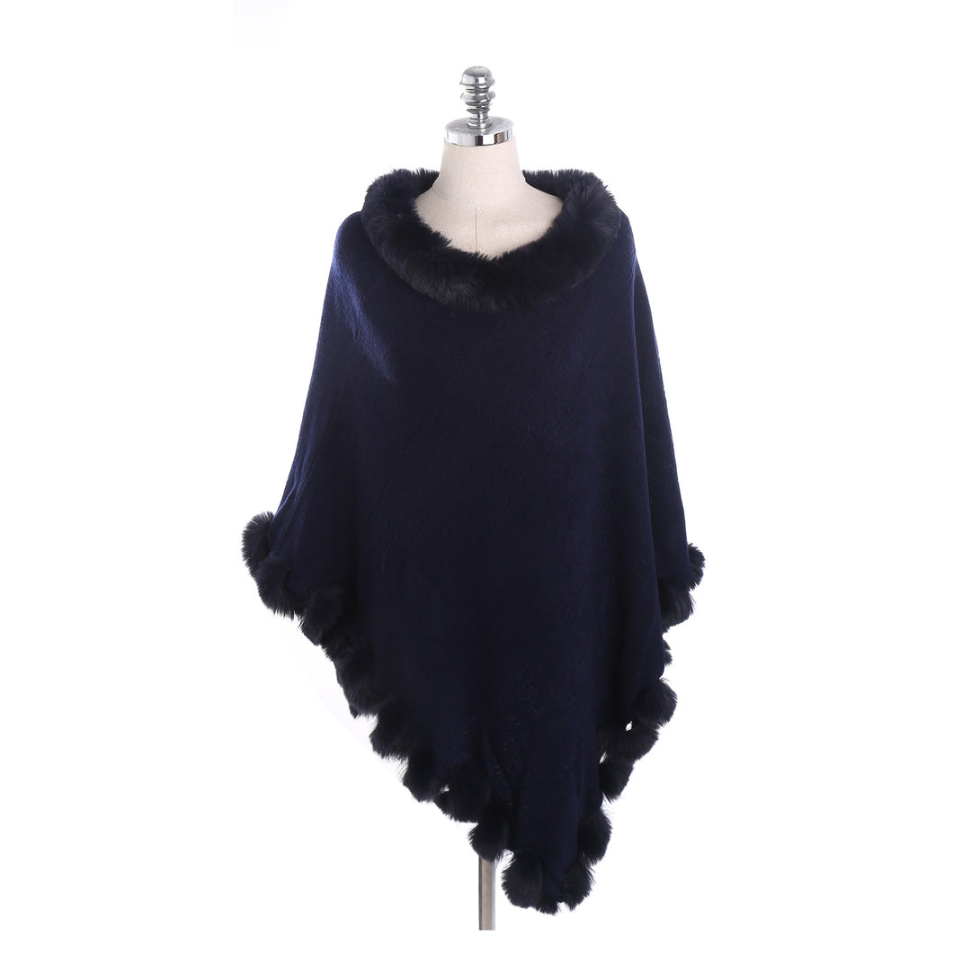 Damen Eleganter Capeponcho aus Wollmix mit Kunstfellbesatz und Pompon-Details Shop Nory