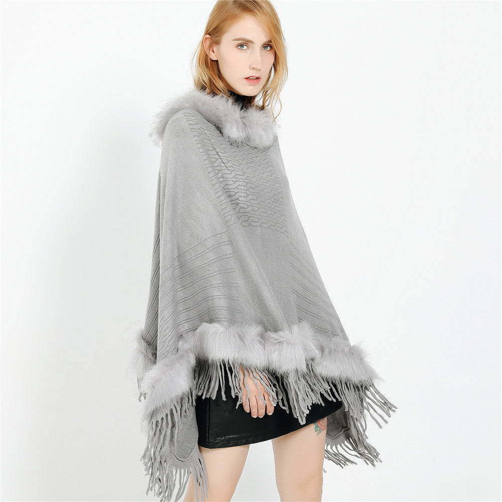 Damen Kaschmir-Touch Poncho mit Kunstfellbesatz, Fransen und weichfallender Oversize-Silhouette Shop Nory