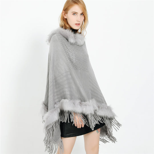 Damen Kaschmir-Touch Poncho mit Kunstfellbesatz, Fransen und weichfallender Oversize-Silhouette Shop Nory