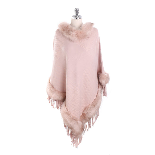 Damen Kaschmir-Touch Poncho mit Kunstfellbesatz, Fransen und weichfallender Oversize-Silhouette Shop Nory