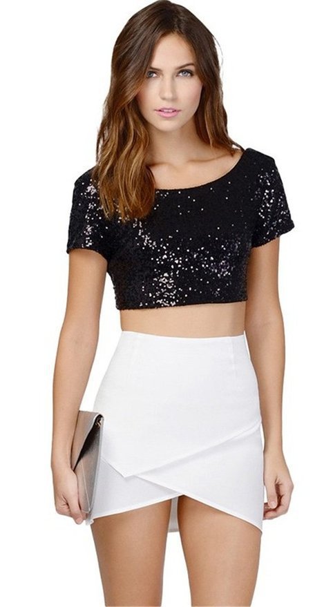 Damen Glamouröses Crop-Top mit Pailletten und leichter A-Linie Rock