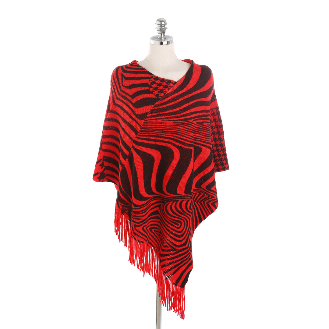 Damen Fransen-Poncho im Oversize mit grafischem Jacquard und asymmetrischem Zipfelsaum Shop Nory