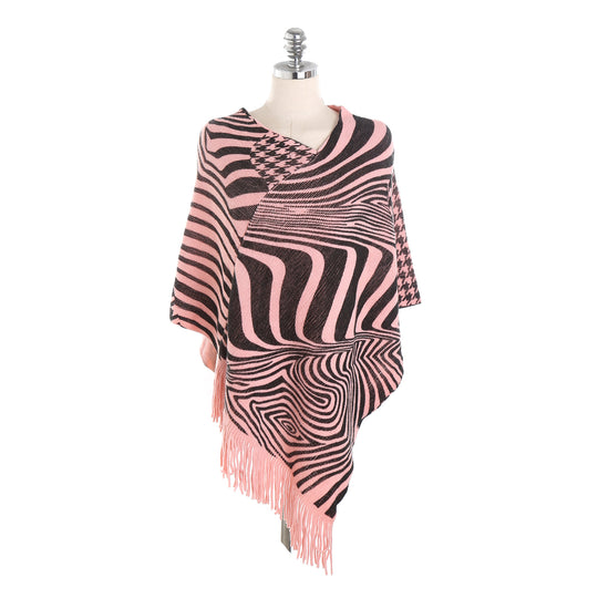 Damen Fransen-Poncho im Oversize mit grafischem Jacquard und asymmetrischem Zipfelsaum Shop Nory