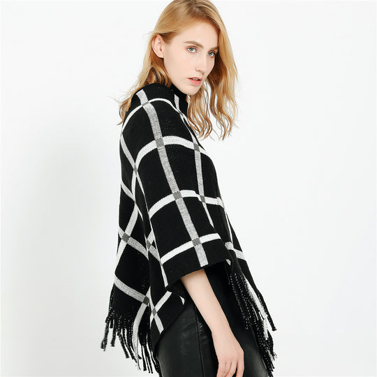 Damen Grobstrick-Poncho mit Karomuster und Fransensaum Shop Nory