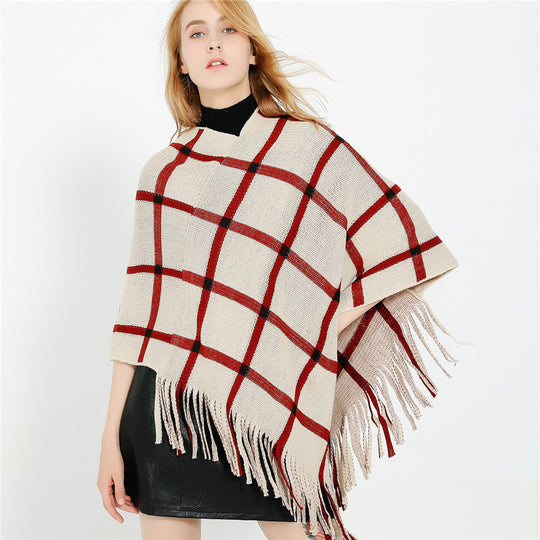 Damen Grobstrick-Poncho mit Karomuster und Fransensaum Shop Nory