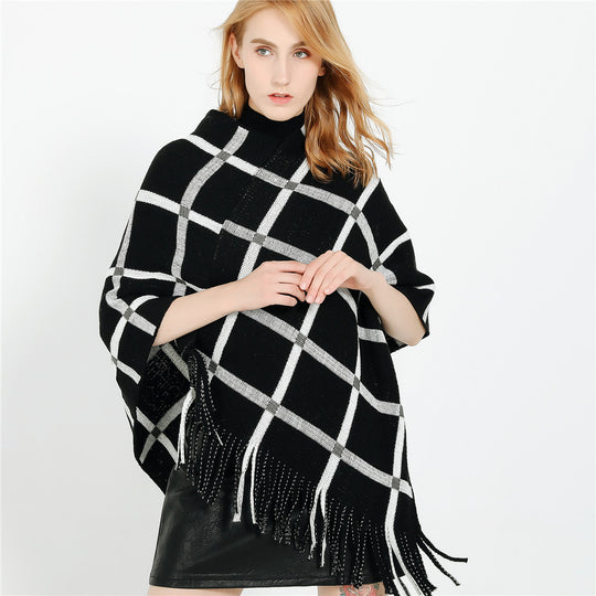 Damen Grobstrick-Poncho mit Karomuster und Fransensaum Shop Nory