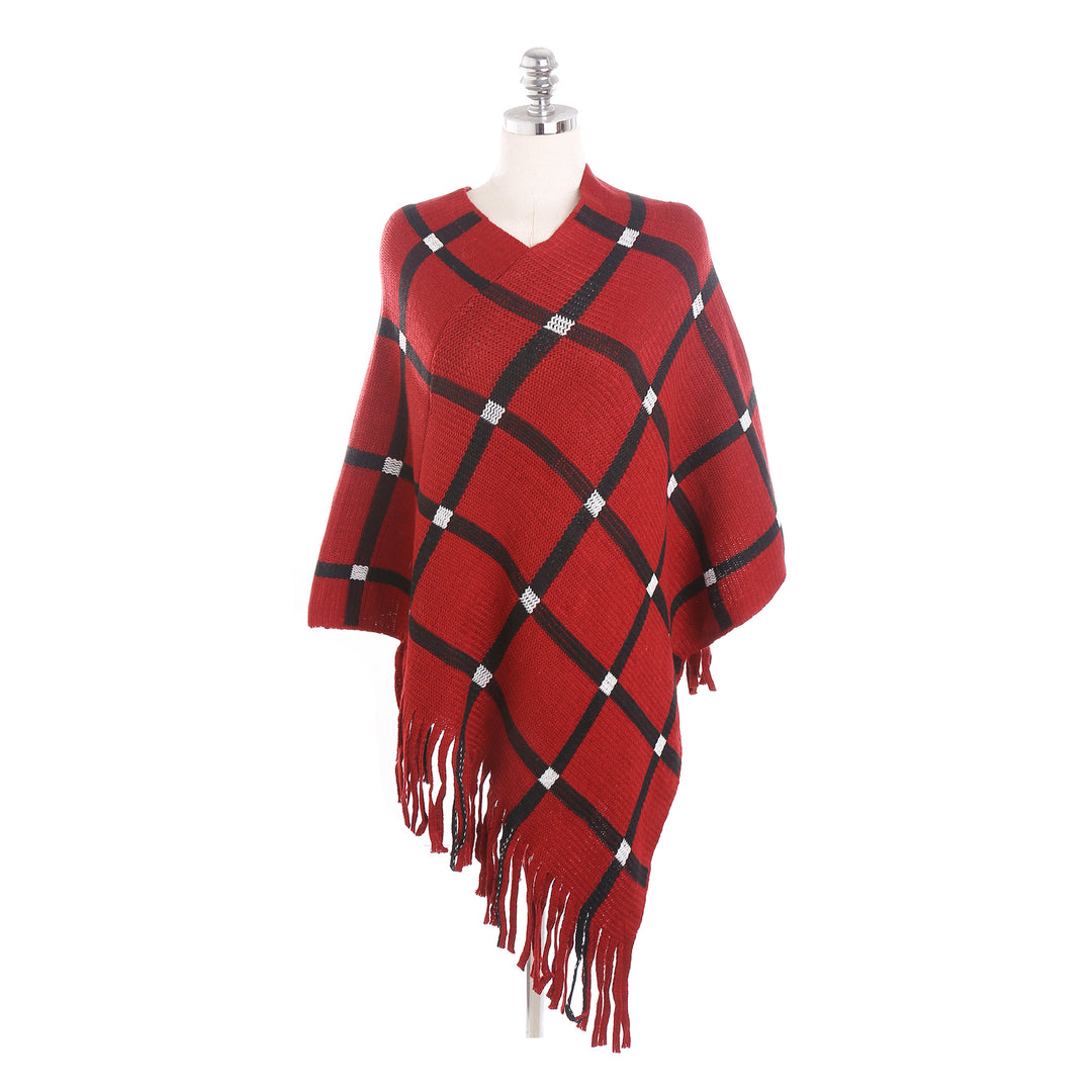 Damen Grobstrick-Poncho mit Karomuster und Fransensaum Shop Nory