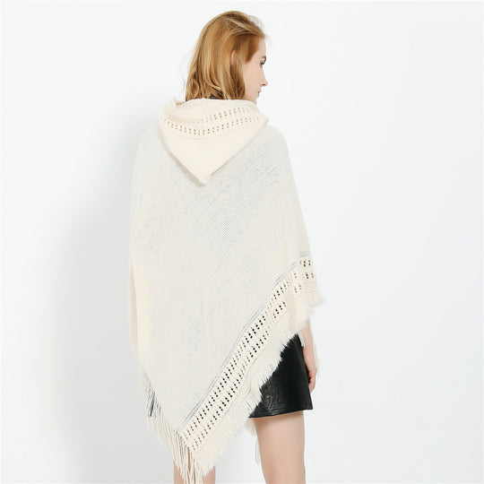 Damen Kapuzen-Poncho mit gehäkelter Bordüre und Fransensaum Shop Nory