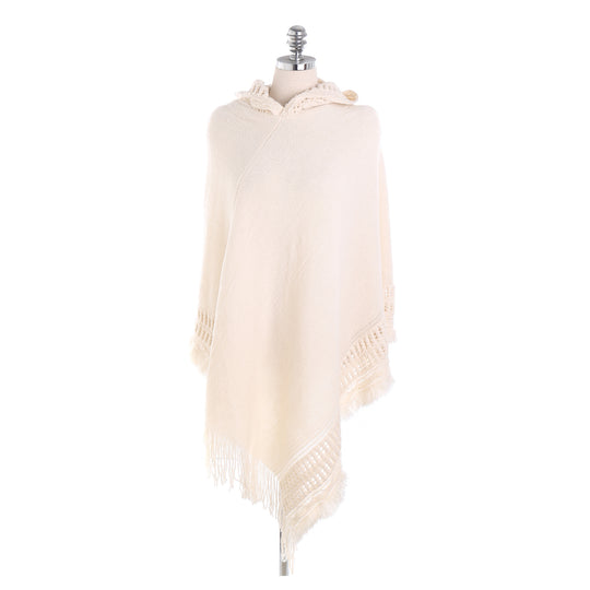 Damen Kapuzen-Poncho mit gehäkelter Bordüre und Fransensaum Shop Nory