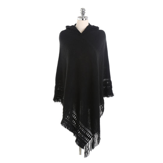 Damen Kapuzen-Poncho mit gehäkelter Bordüre und Fransensaum Shop Nory