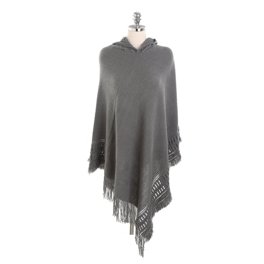 Damen Kapuzen-Poncho mit gehäkelter Bordüre und Fransensaum Shop Nory