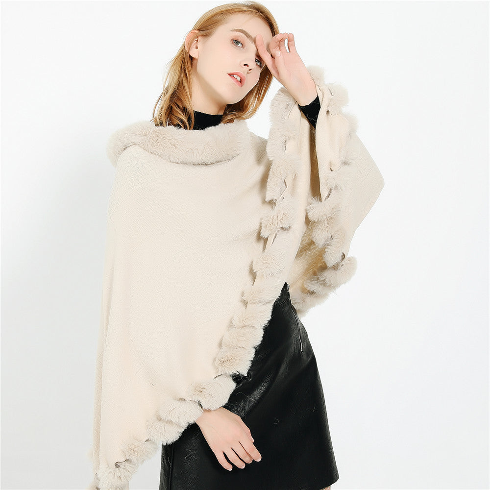 Damen Capeponcho mit Kunstfellkragen und Bommelbesatz Shop Nory