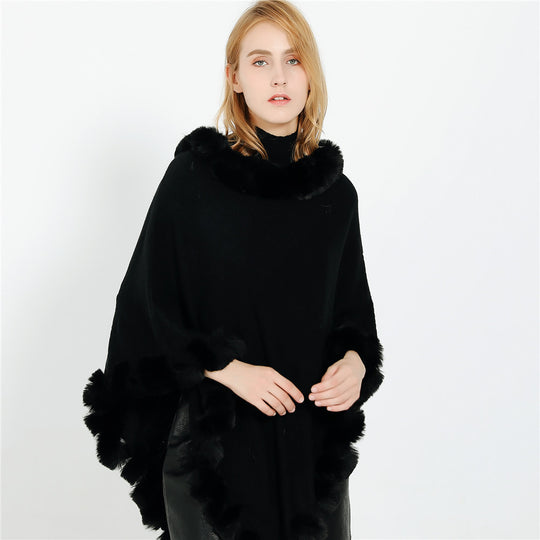 Damen Capeponcho mit Kunstfellkragen und Bommelbesatz Shop Nory