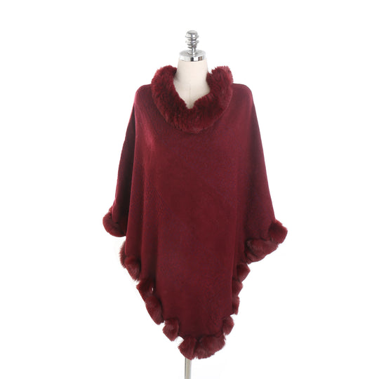 Damen Eleganter Capeponcho aus Wollmix mit Kunstfellbesatz und Pompon-Details Shop Nory