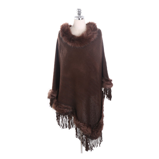 Damen Kaschmir-Touch Poncho mit Kunstfellbesatz, Fransen und weichfallender Oversize-Silhouette Shop Nory