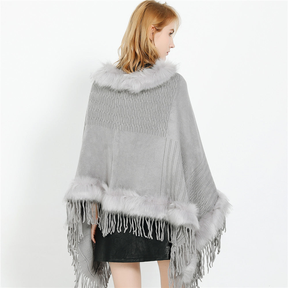 Damen Kaschmir-Touch Poncho mit Kunstfellbesatz, Fransen und weichfallender Oversize-Silhouette Shop Nory