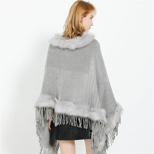 Damen Kaschmir-Touch Poncho mit Kunstfellbesatz, Fransen und weichfallender Oversize-Silhouette Shop Nory