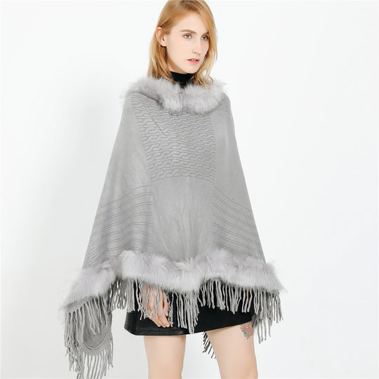 Damen Kaschmir-Touch Poncho mit Kunstfellbesatz, Fransen und weichfallender Oversize-Silhouette Shop Nory