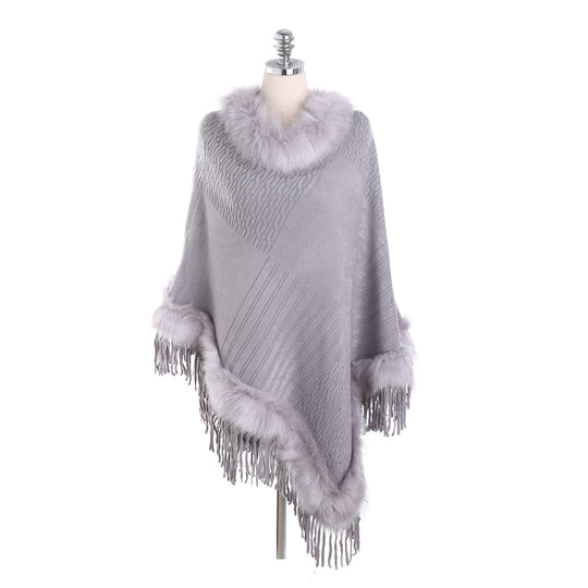 Damen Kaschmir-Touch Poncho mit Kunstfellbesatz, Fransen und weichfallender Oversize-Silhouette Shop Nory